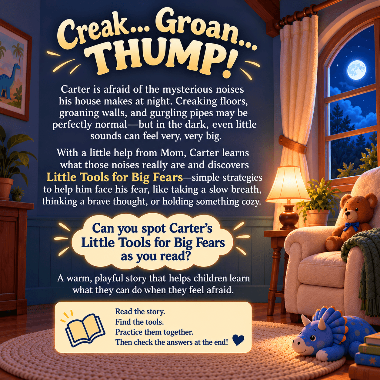 Back cover of Carter and the Creaky House with the story synopsis, set in Carter’s bedroom with a teddy bear in an armchair.