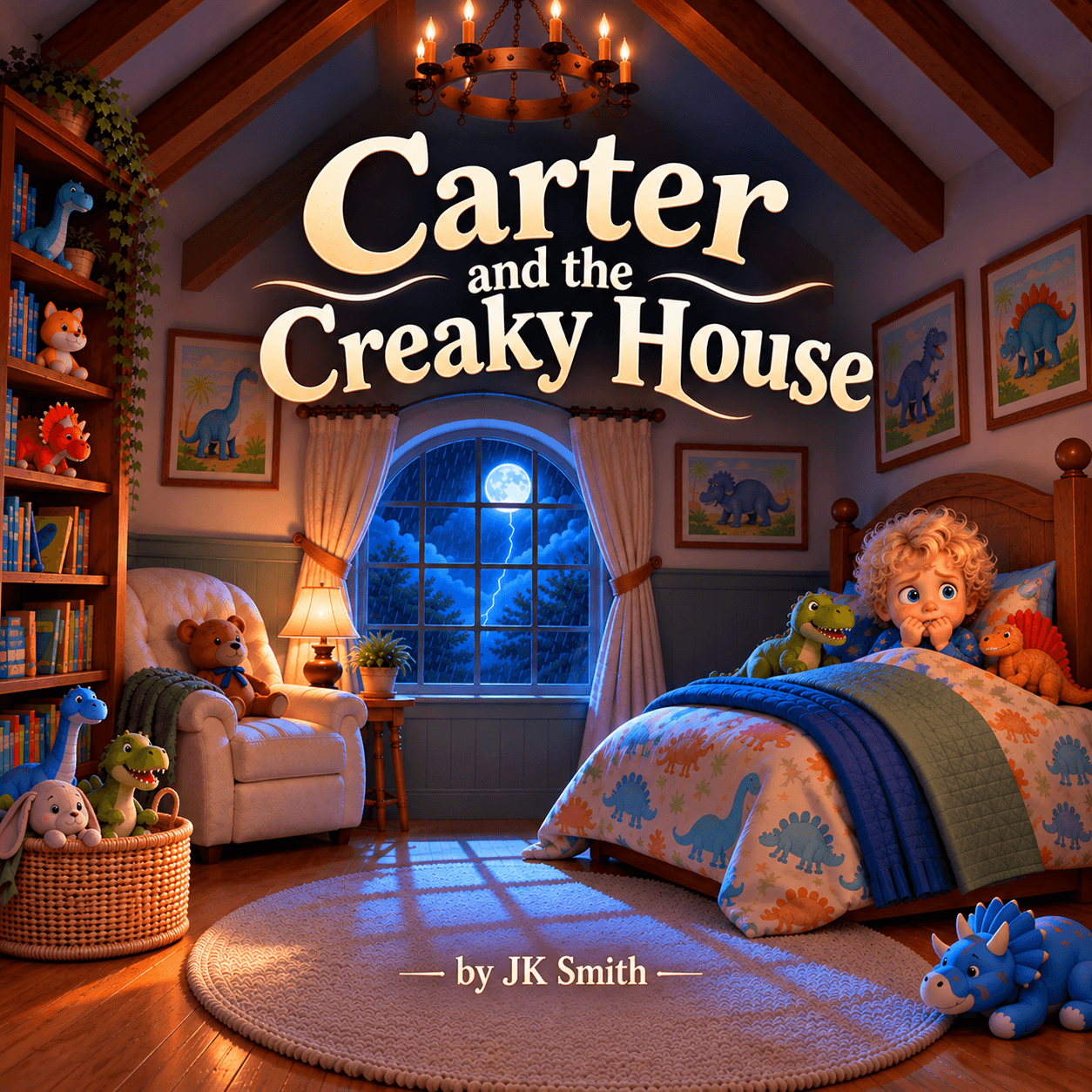 Cover of Carter and the Creaky House by J.K. Smith: a worried Carter peeks over his dinosaur quilt in a moonlit attic bedroom, surrounded by stuffed dinosaurs.
